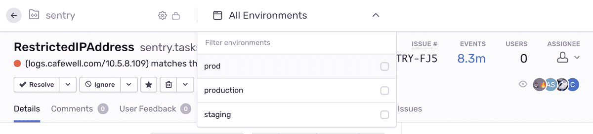 A project's All Environments dropdown expanded to show production and staging as options.