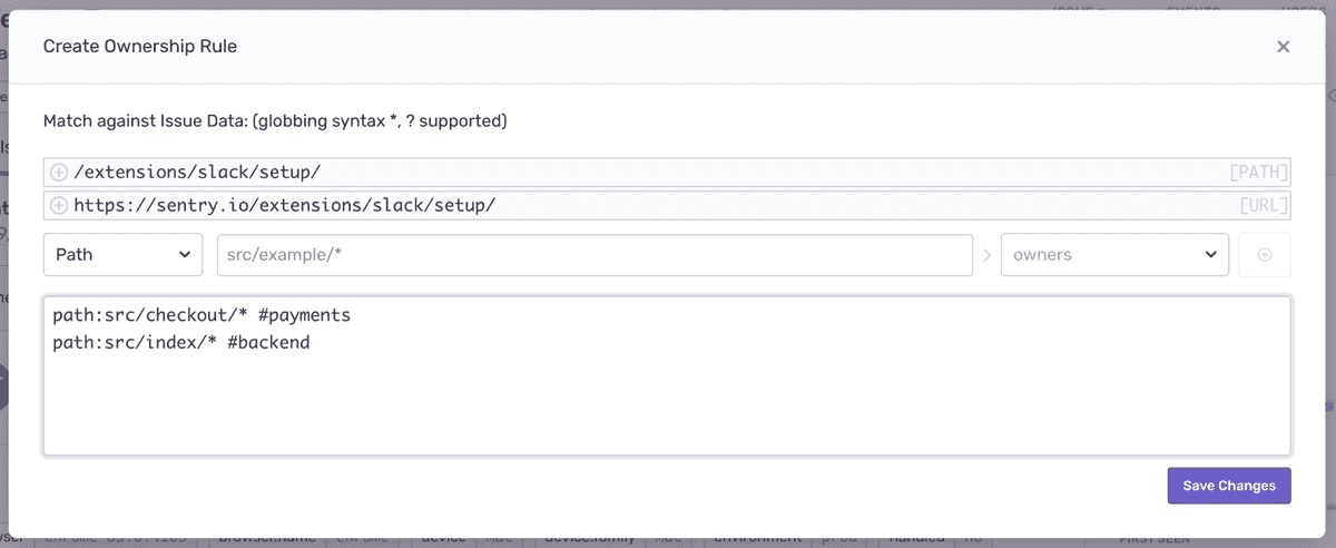 Configuration options for defining ownership rules from an issue page.