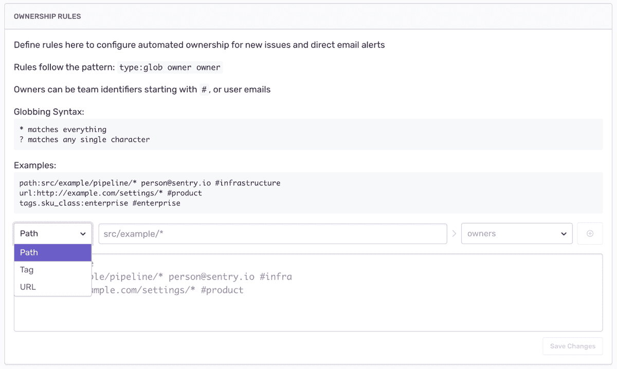 Configuration options for defining ownership rules in project settings.