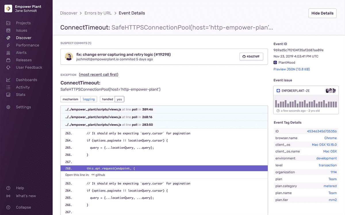 Event detail page displaying a graph with spikes, the event details, and different metrics for tags.