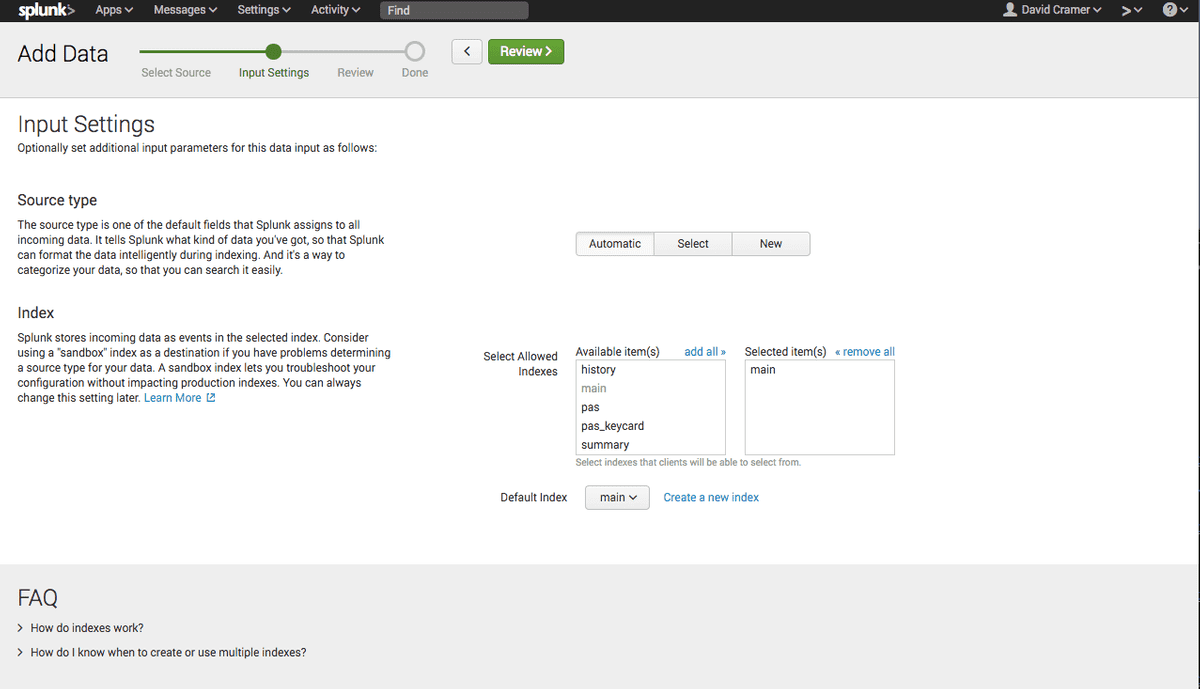 splunk new input index