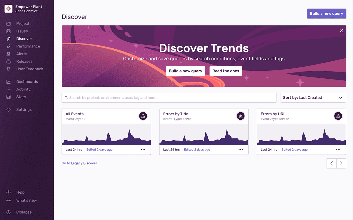 Full view of the Discover Homepage with query cards and button to build new queries.